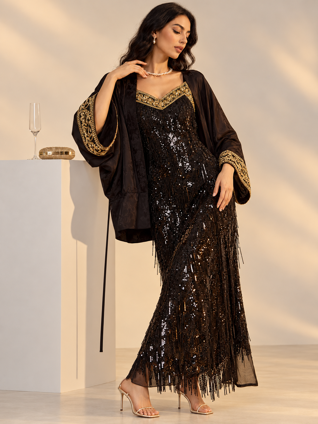 Black Embellished Fringe Maxi Dress