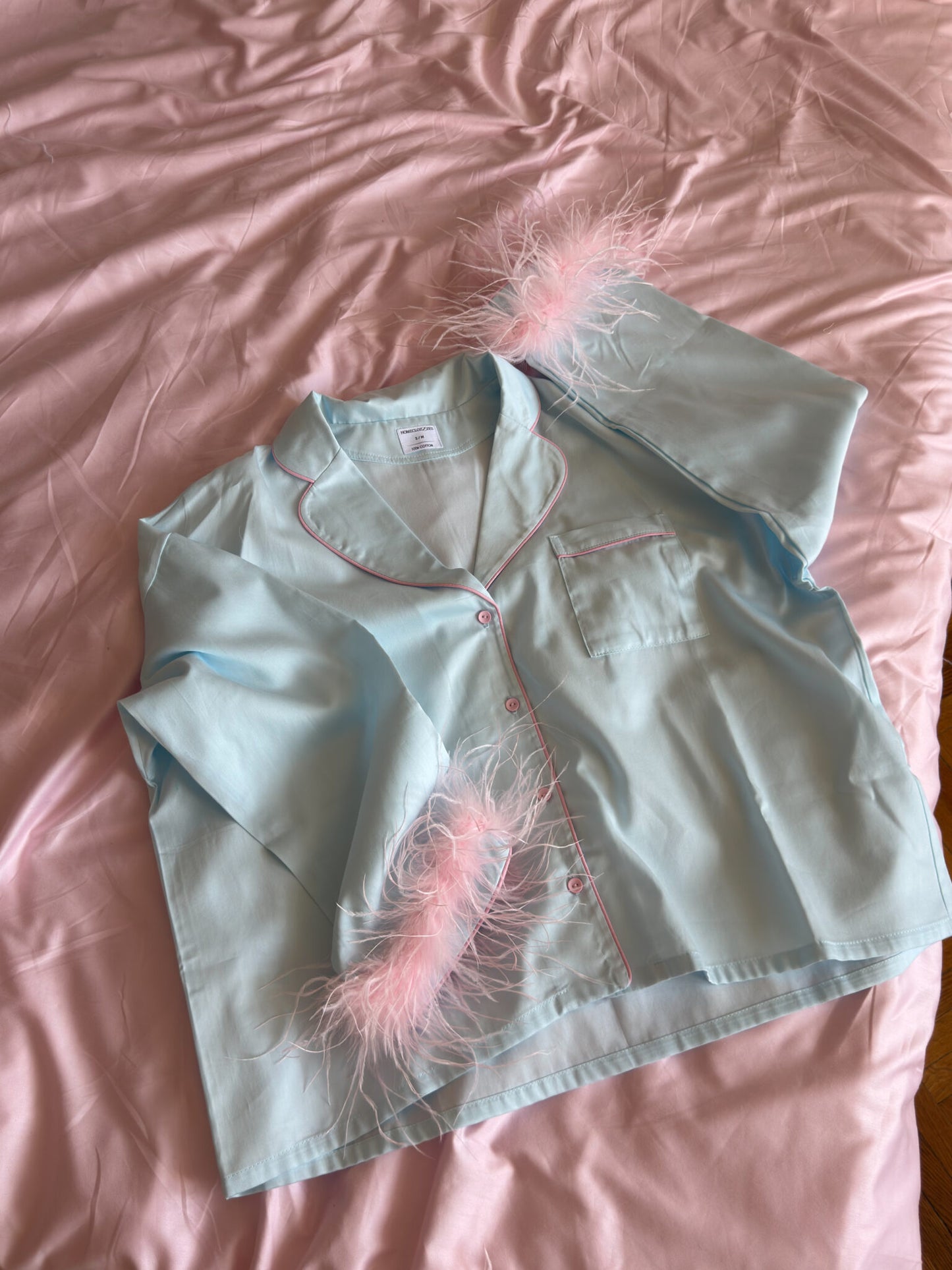 Camelia Cotton Satin Feather Lounge Set Mint
