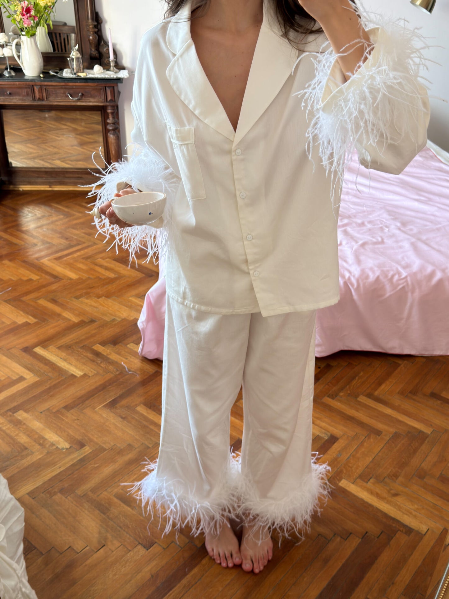 Camelia Cotton Satin Feather Lounge Set Milk