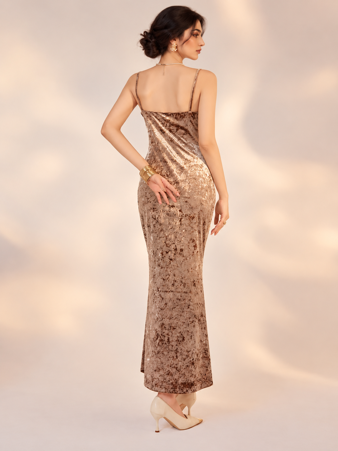 Velvet Maxi Dress — Beige
