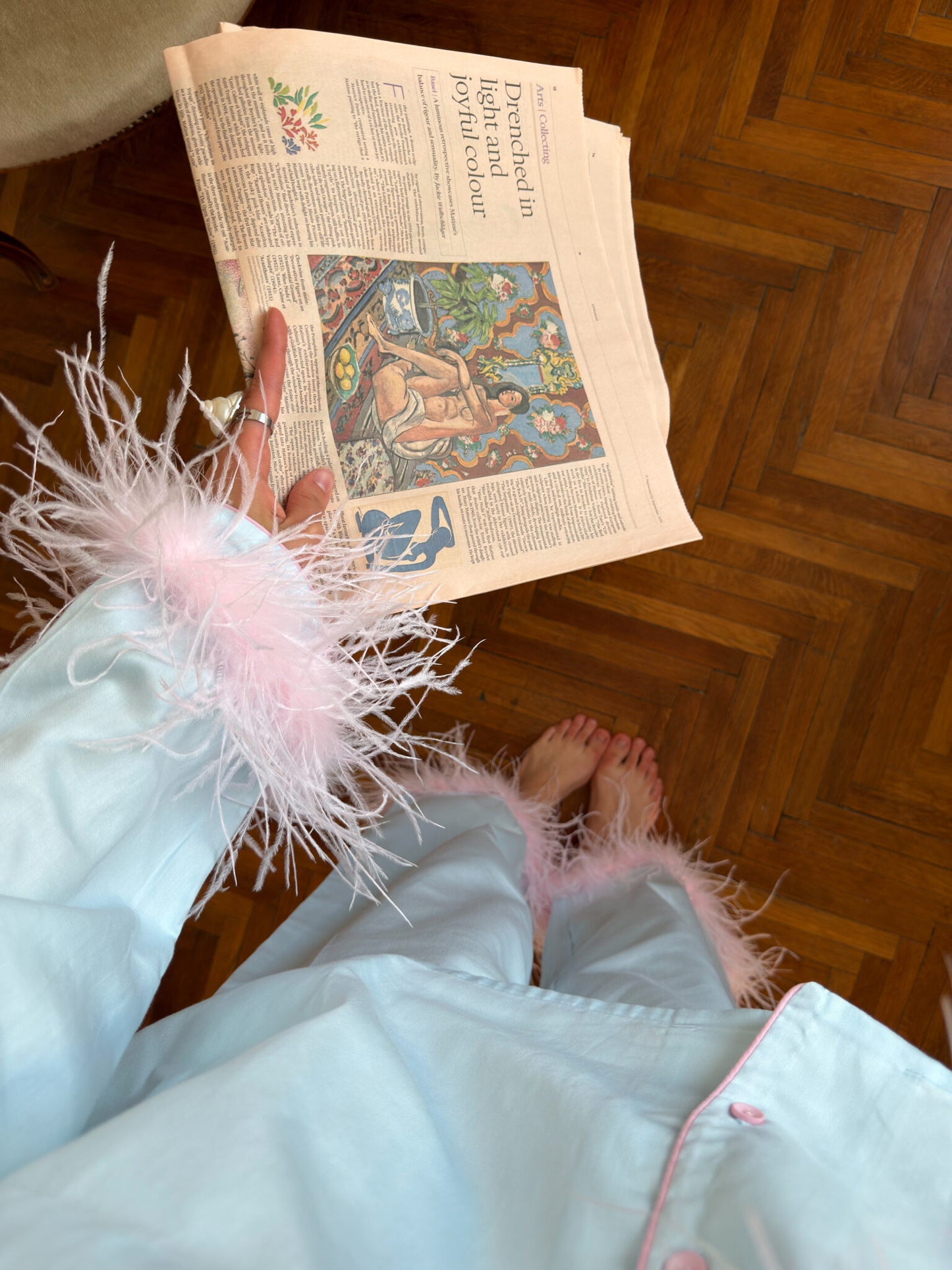 Camelia Cotton Satin Feather Lounge Set Mint