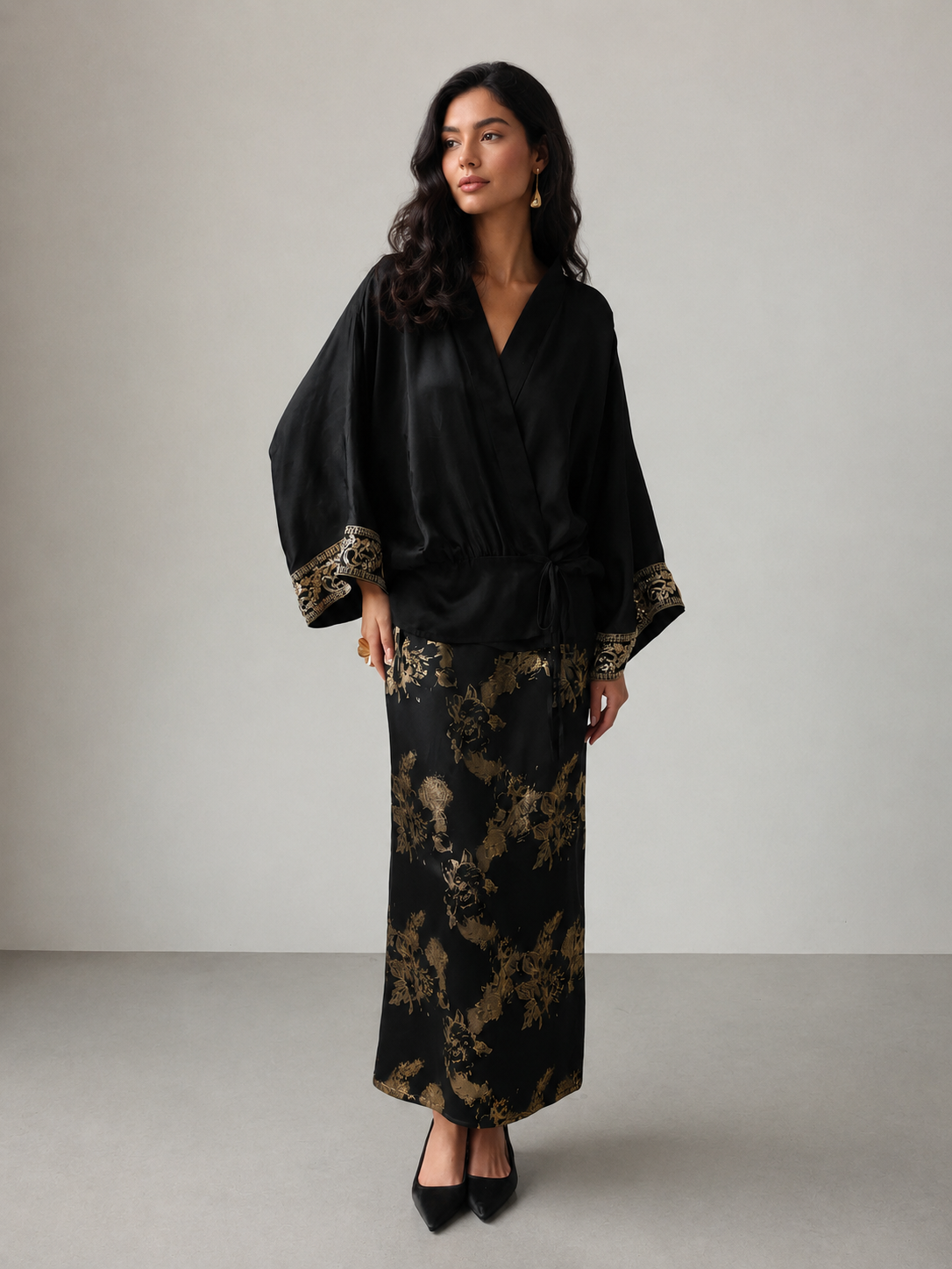 Zaria Black Satin Kimono