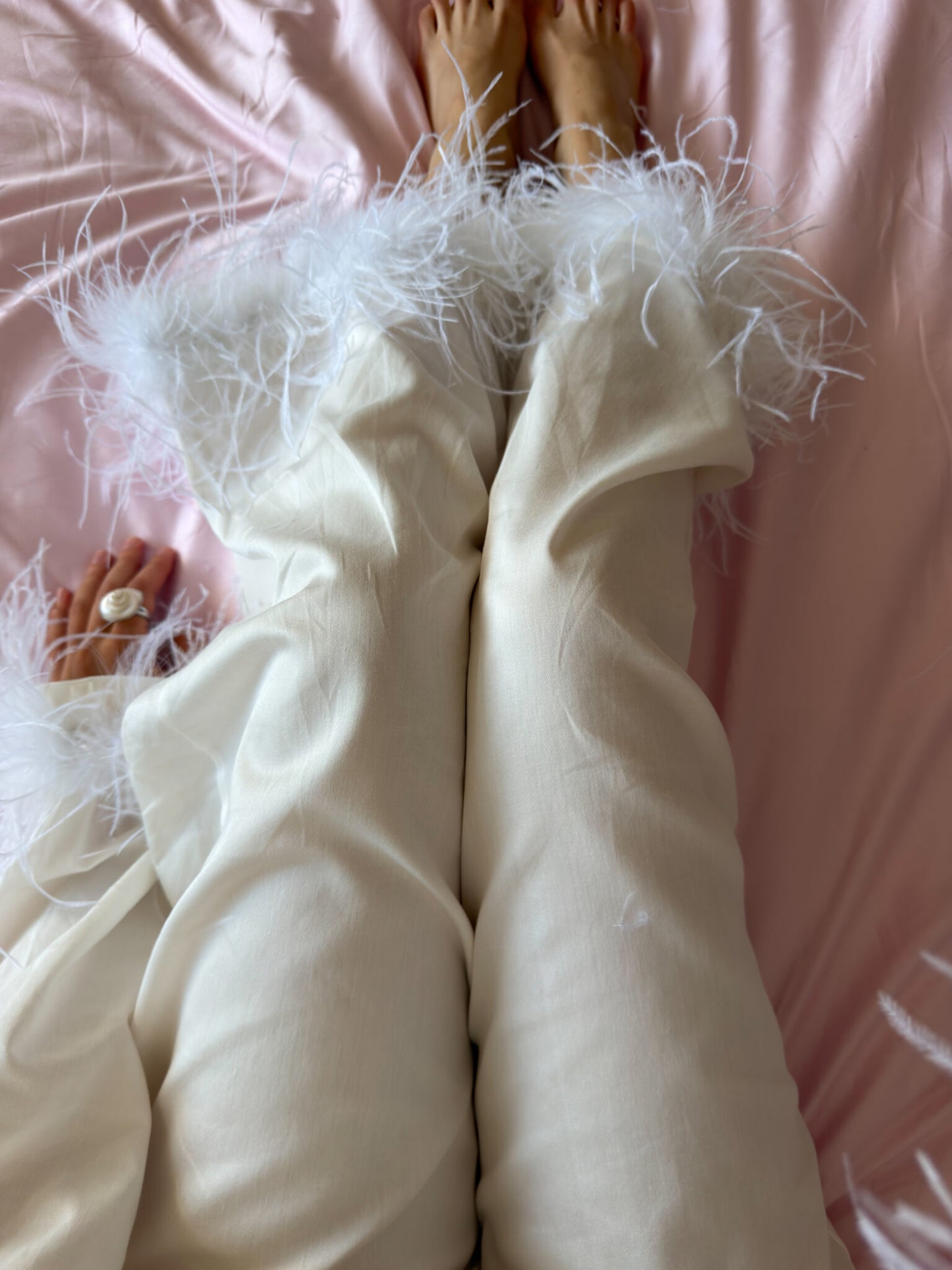 Camelia Cotton Satin Feather Lounge Set Milk