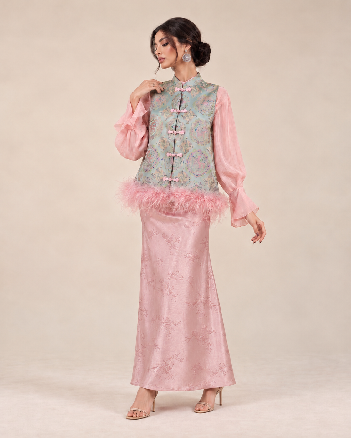 Pastel Jacquard Feather Trim Vest