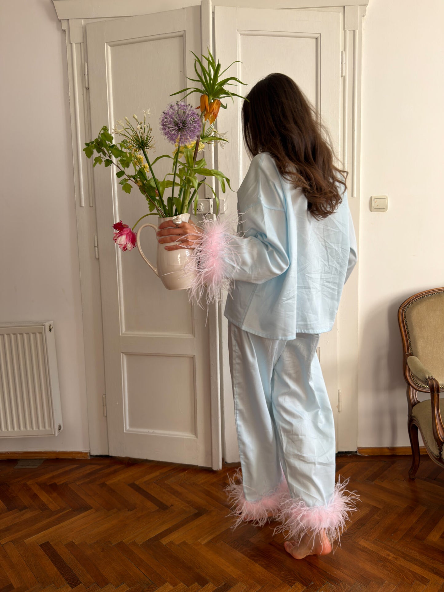 Camelia Cotton Satin Feather Lounge Set Mint