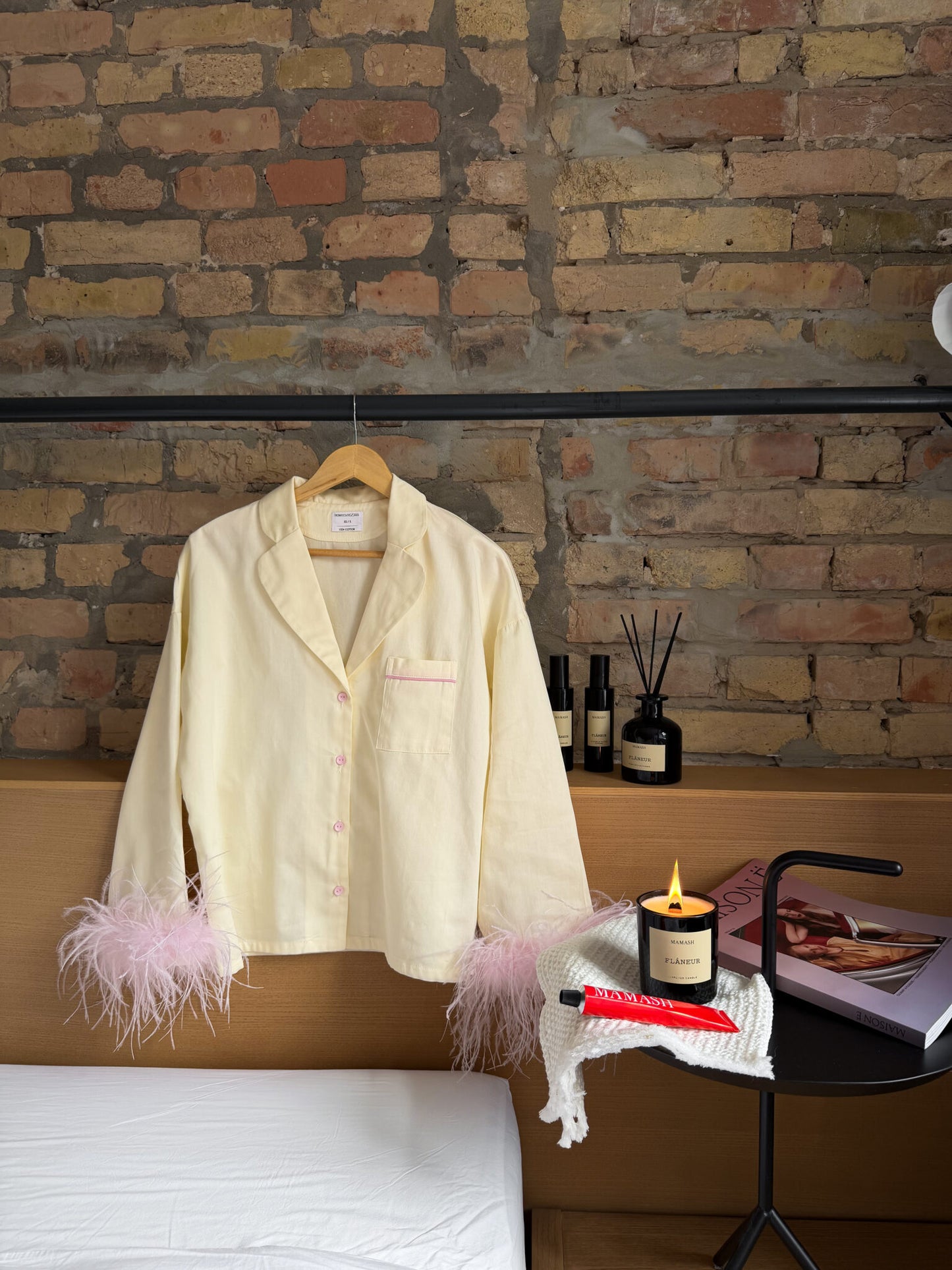 Camelia Cotton Satin Feather Lounge Set Butter