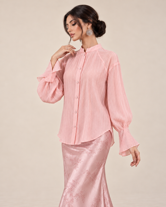 Pink Sheer Ruffle Sleeve Blouse