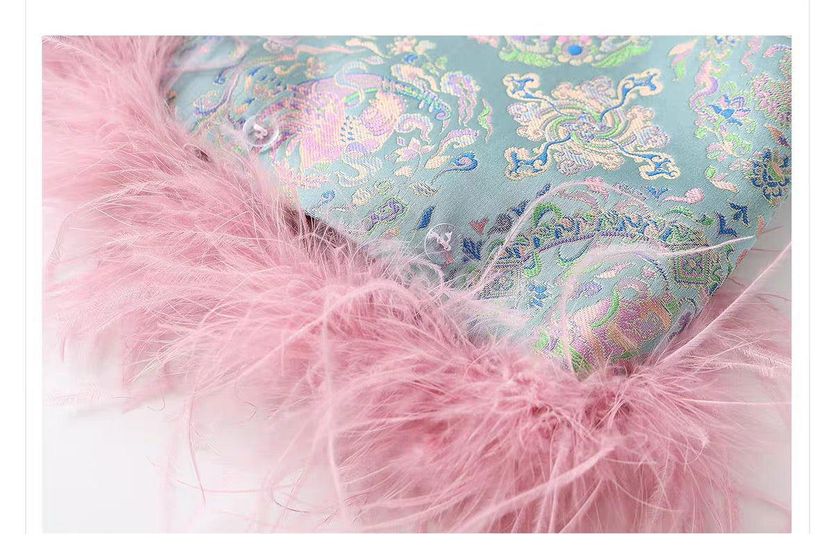 Pastel Jacquard Feather Trim Vest