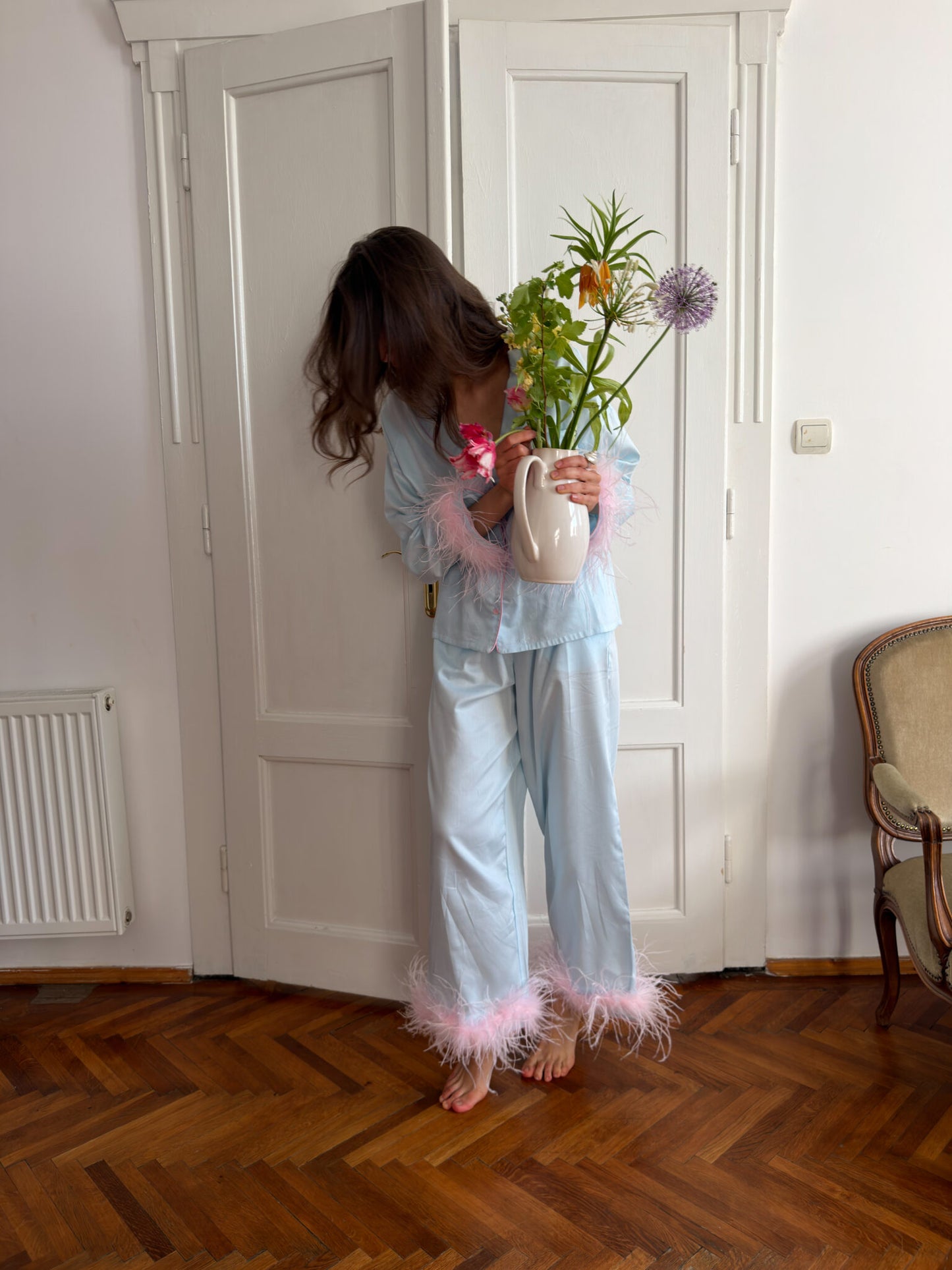 Camelia Cotton Satin Feather Lounge Set Mint