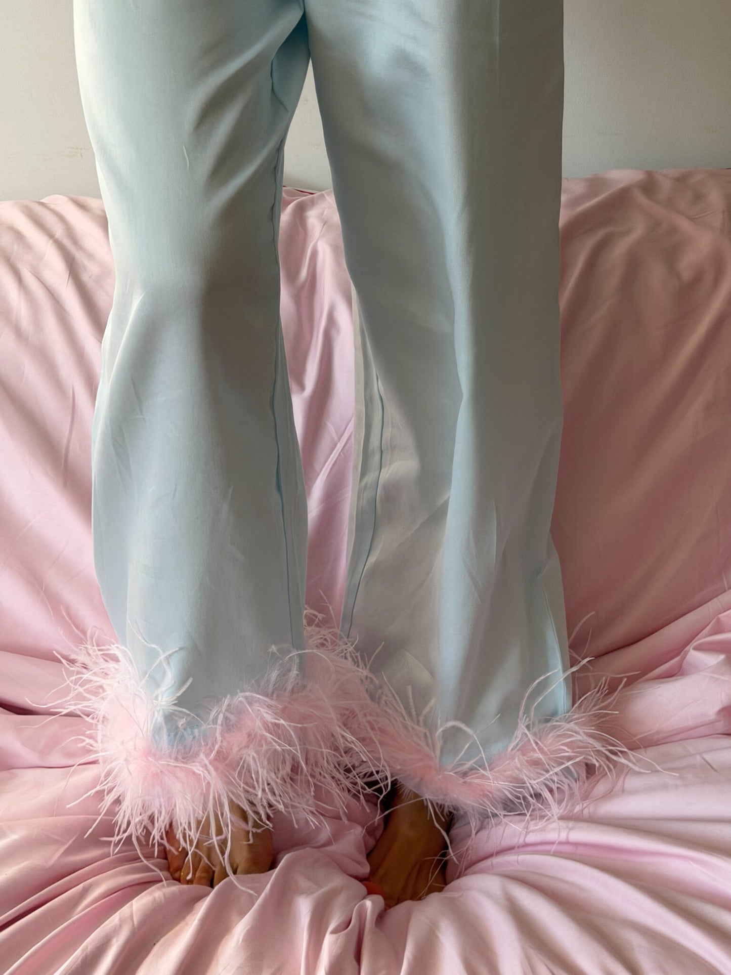 Camelia Cotton Satin Feather Lounge Set Mint