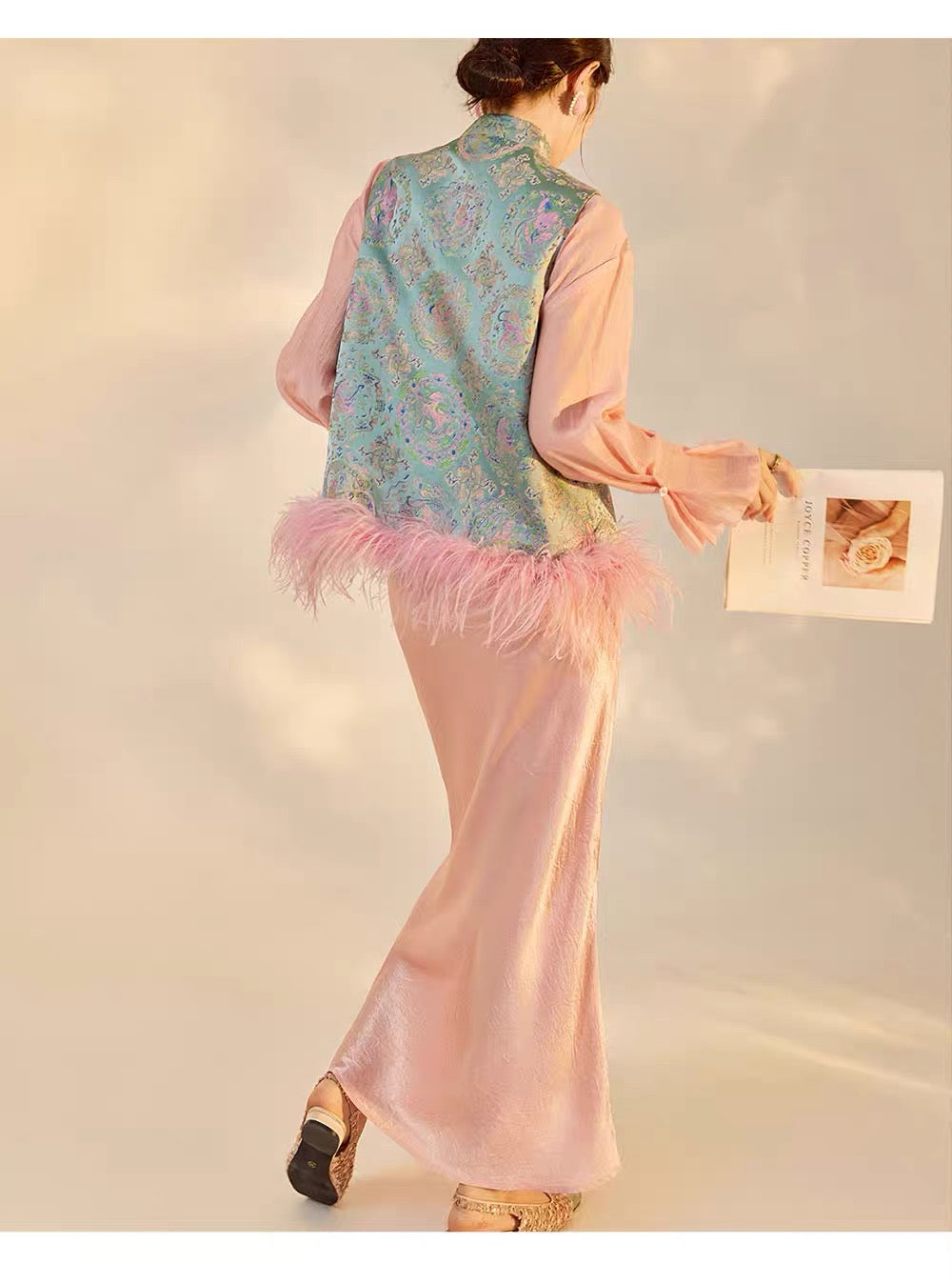 Pastel Jacquard Feather Trim Vest