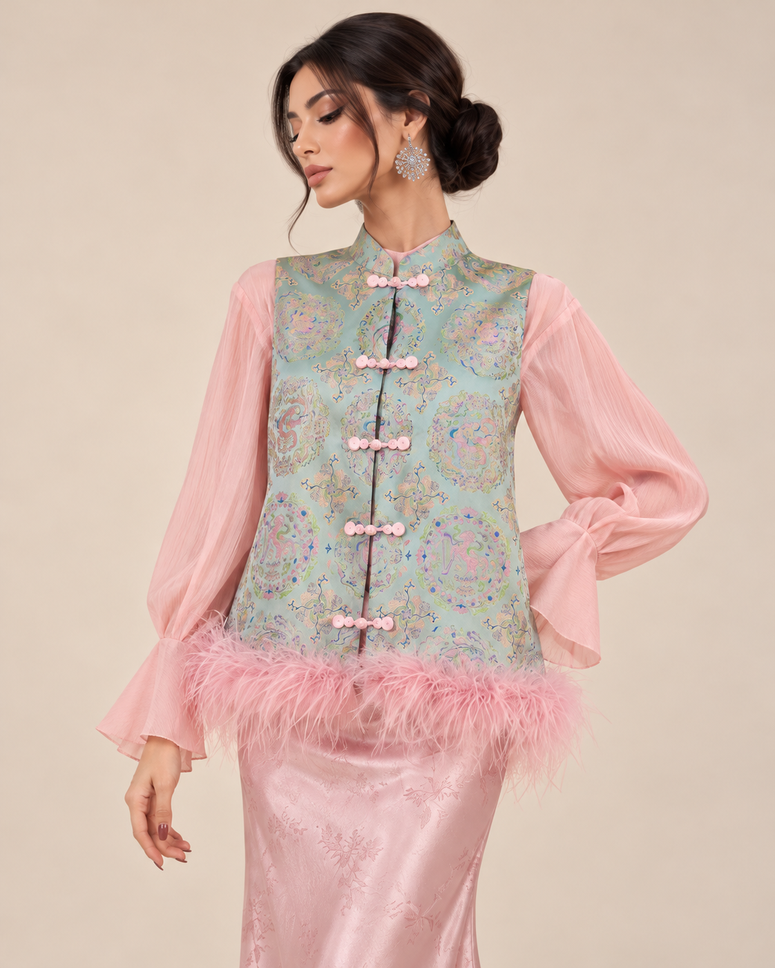 Pastel Jacquard Feather Trim Vest