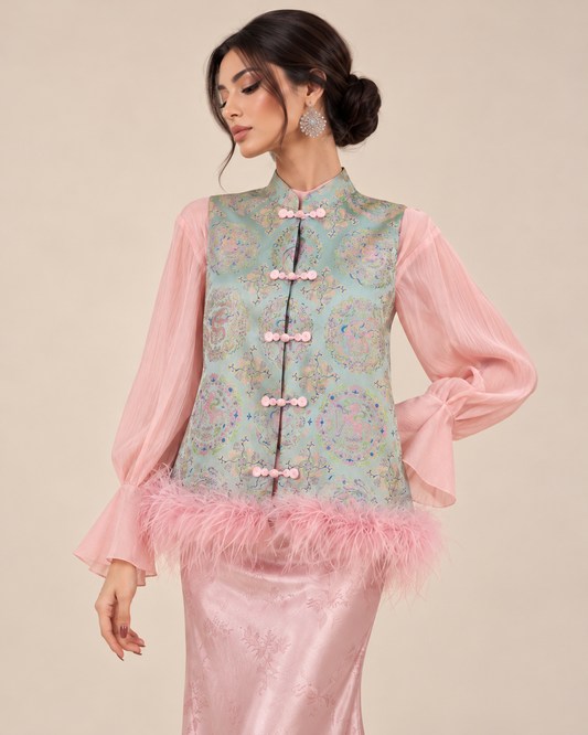 Pastel Jacquard Feather Trim Vest