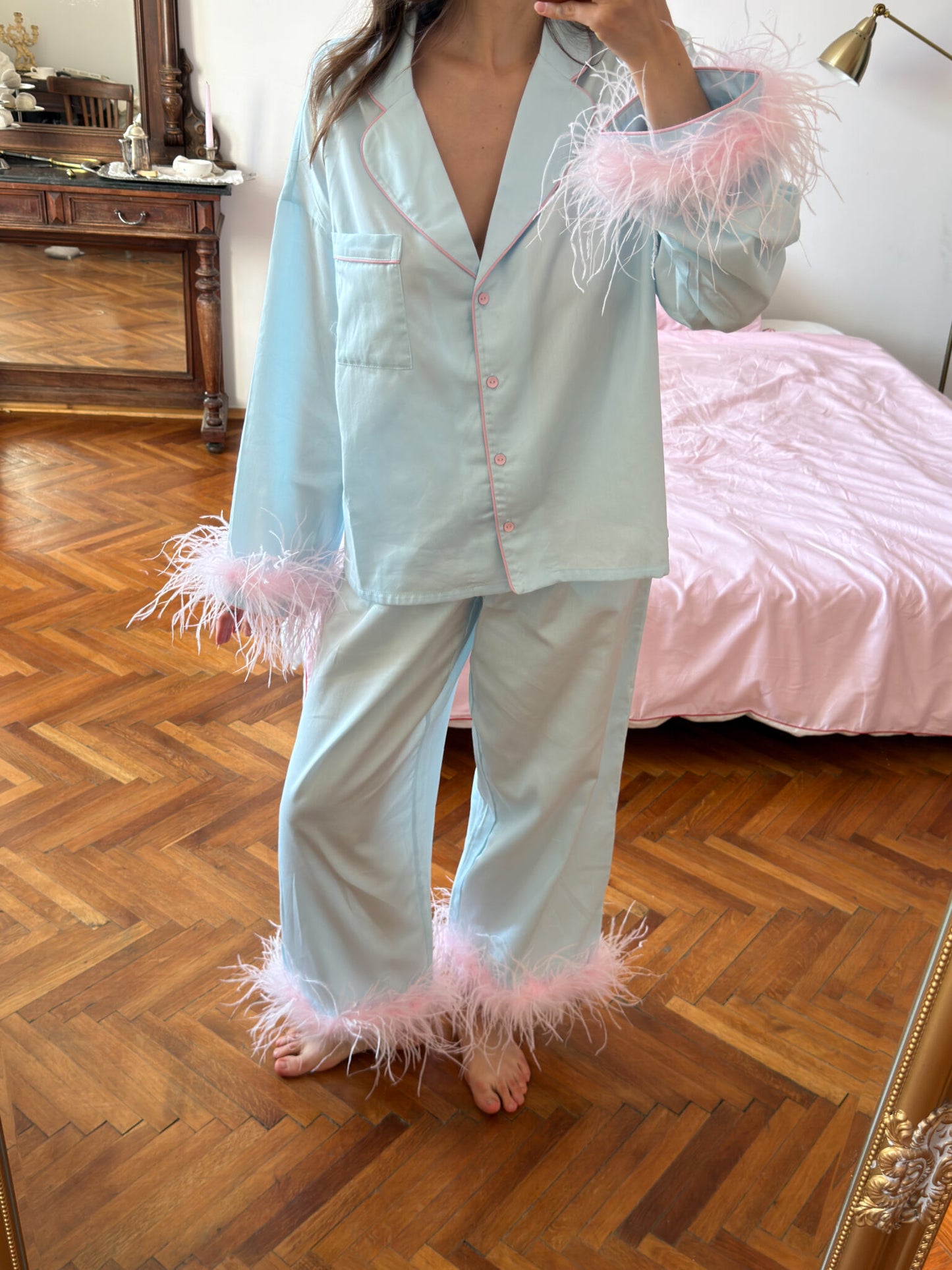 Camelia Cotton Satin Feather Lounge Set Mint