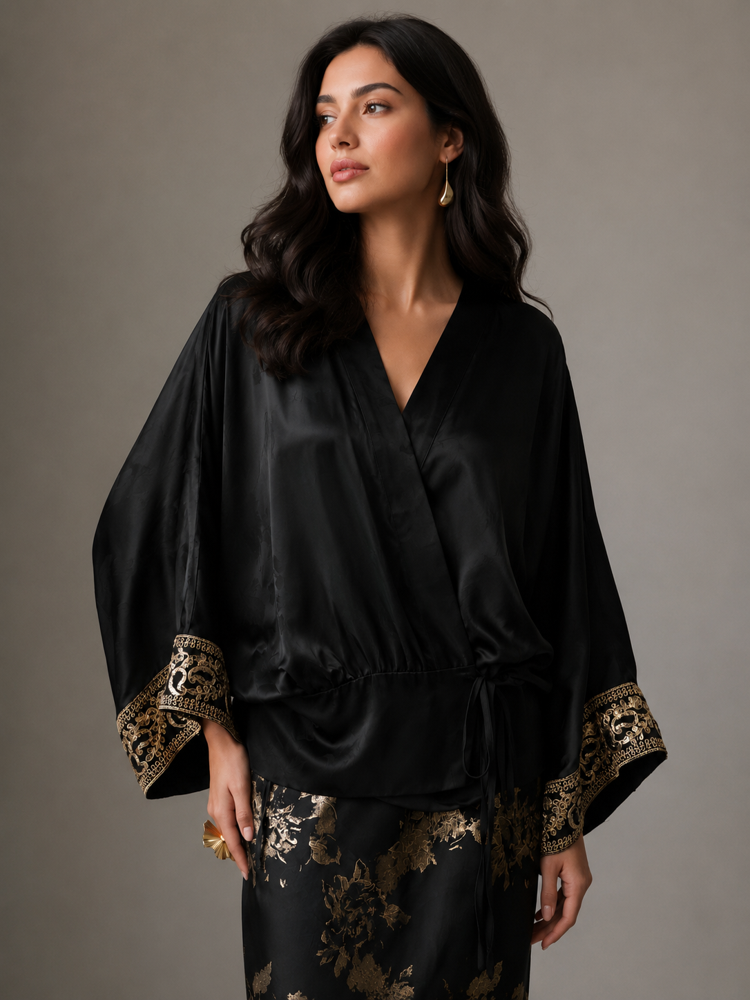 Zaria Black Satin Kimono