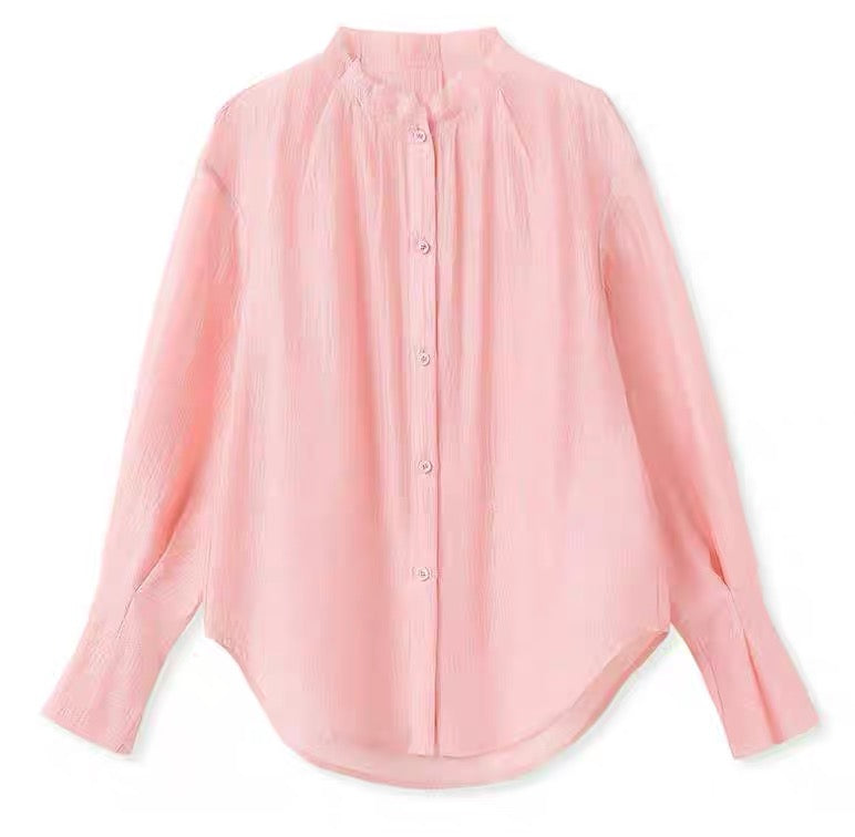 Pink Sheer Ruffle Sleeve Blouse