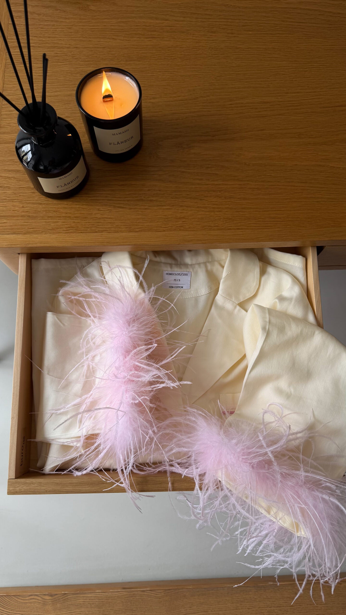 Camelia Cotton Satin Feather Lounge Set Butter