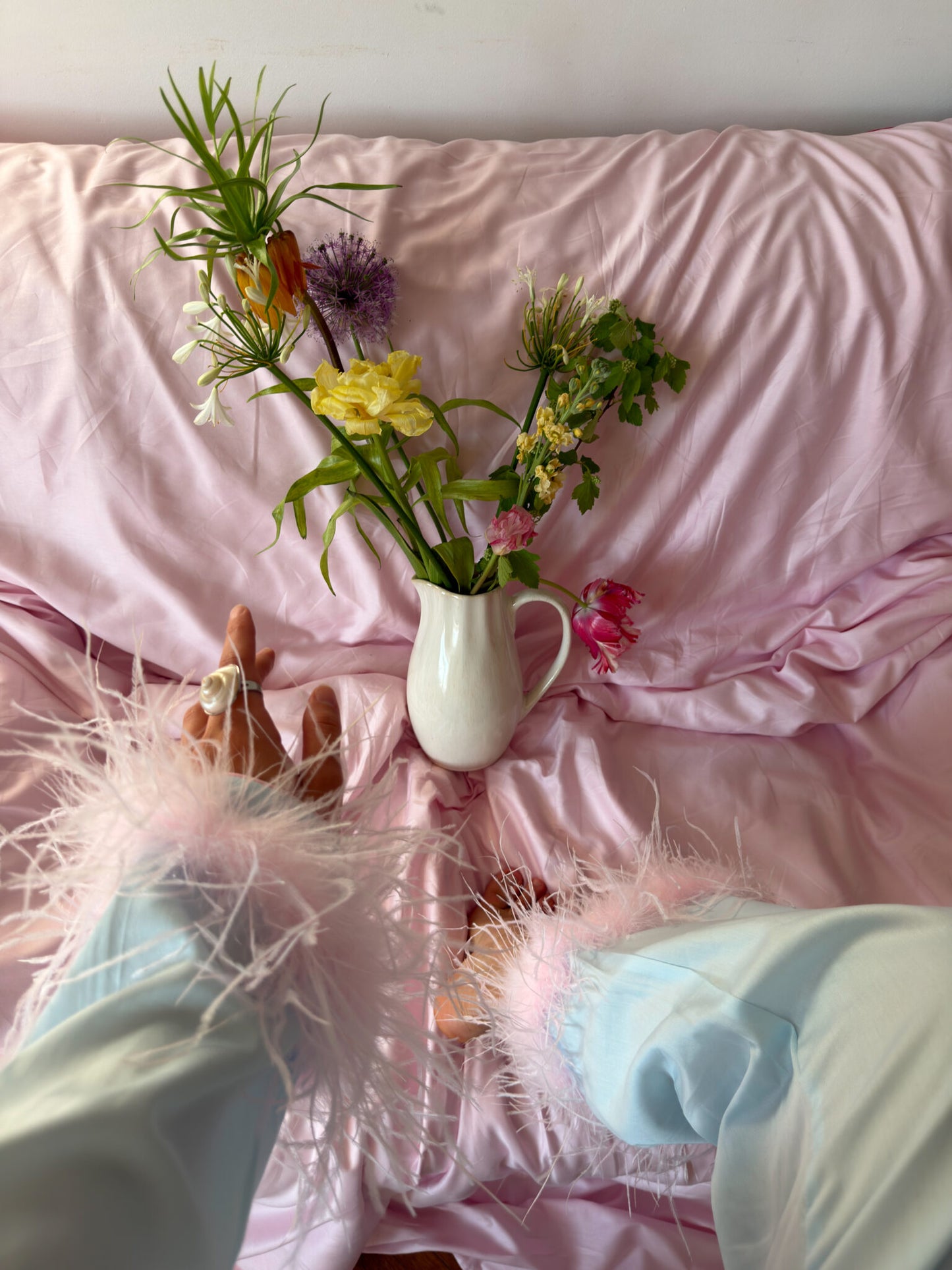 Camelia Cotton Satin Feather Lounge Set Mint