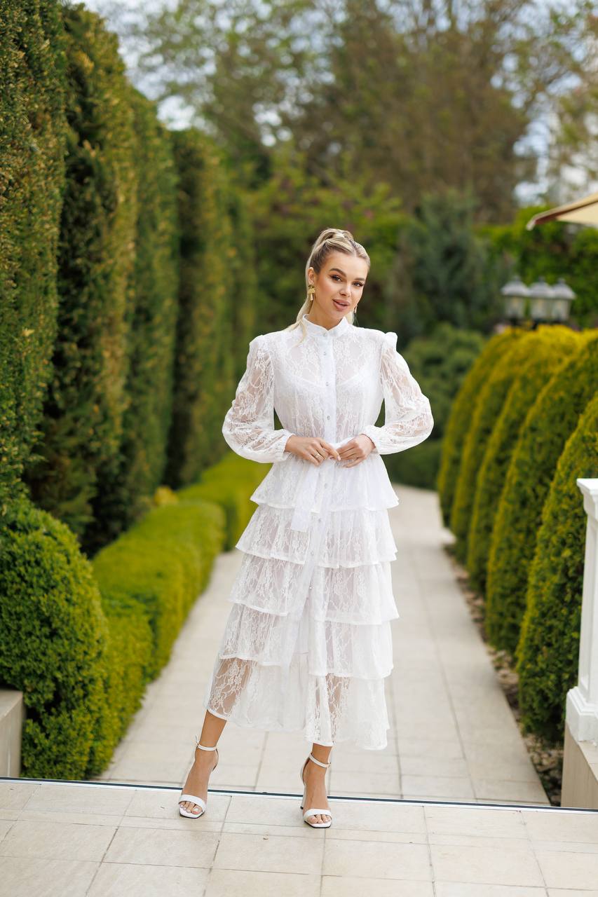 Bianca Lace Tiered Midi Dress Milk