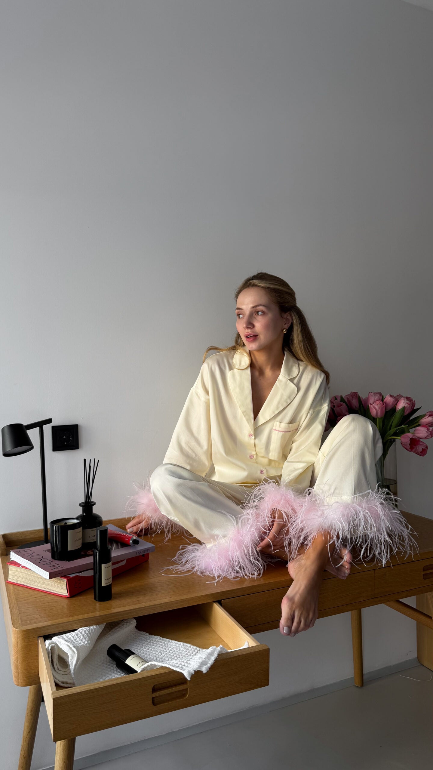 Camelia Cotton Satin Feather Lounge Set Butter