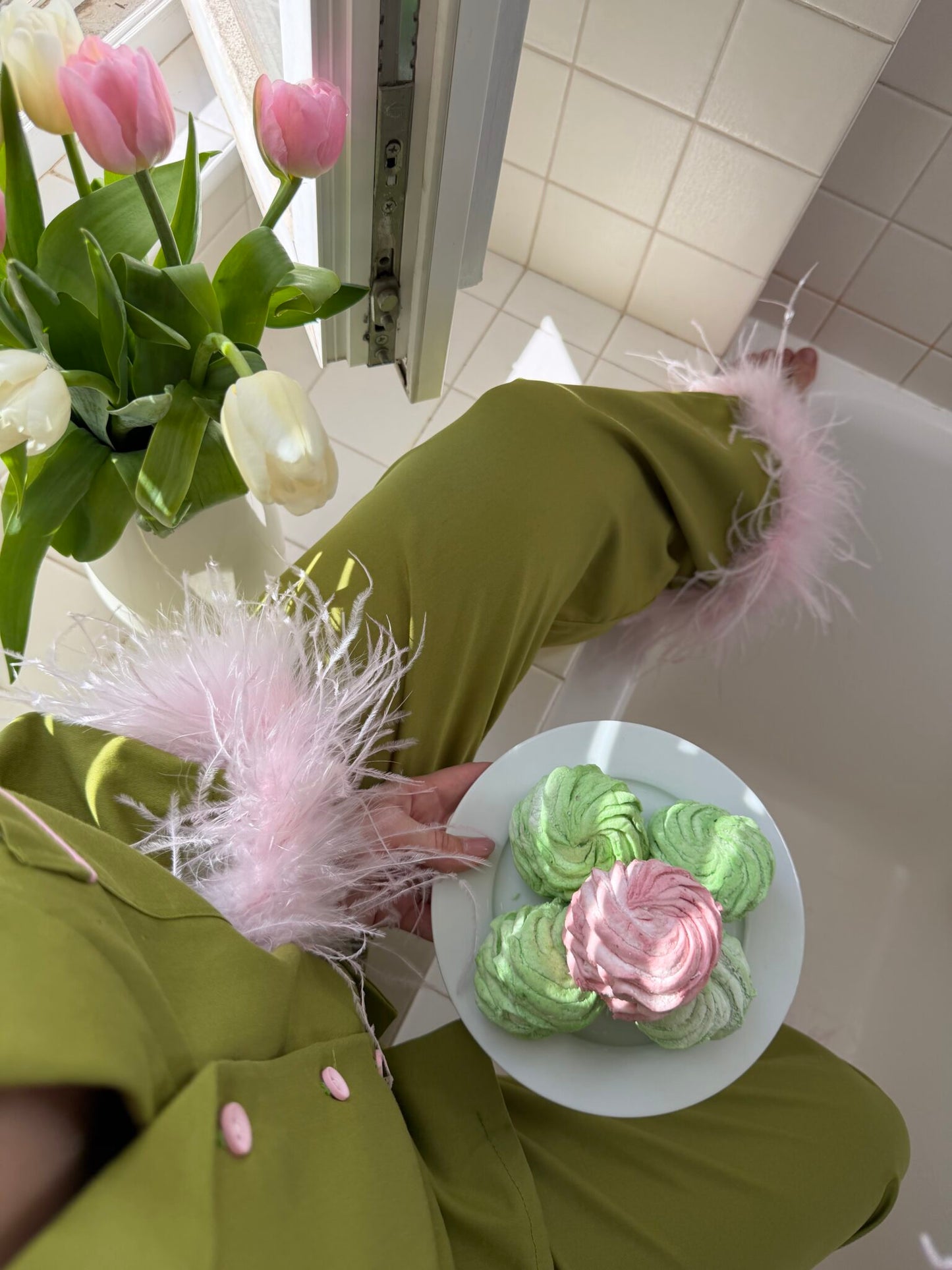 Camelia Cotton Satin Feather Lounge Set Olive