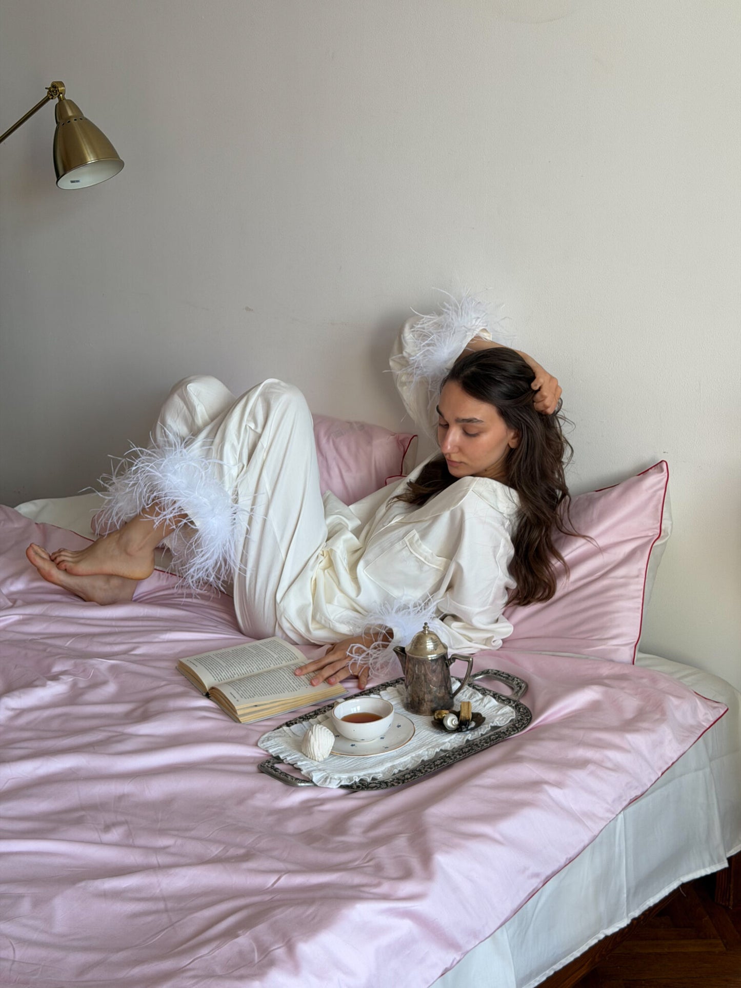 Camelia Cotton Satin Feather Lounge Set Milk