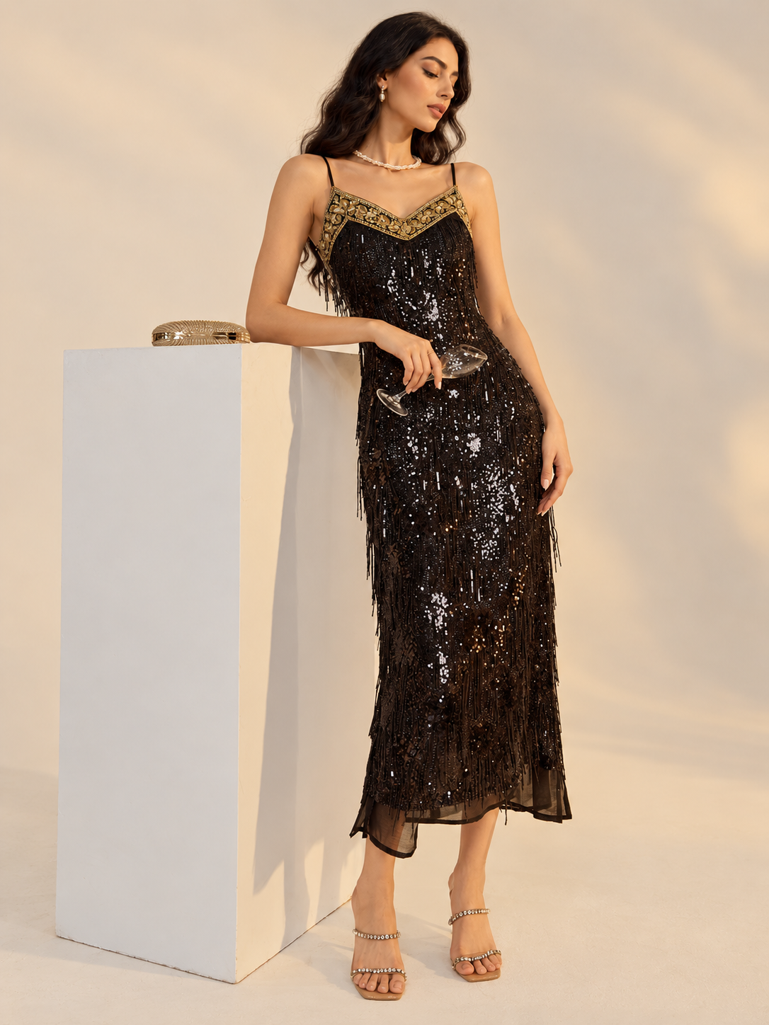 Black Embellished Fringe Maxi Dress