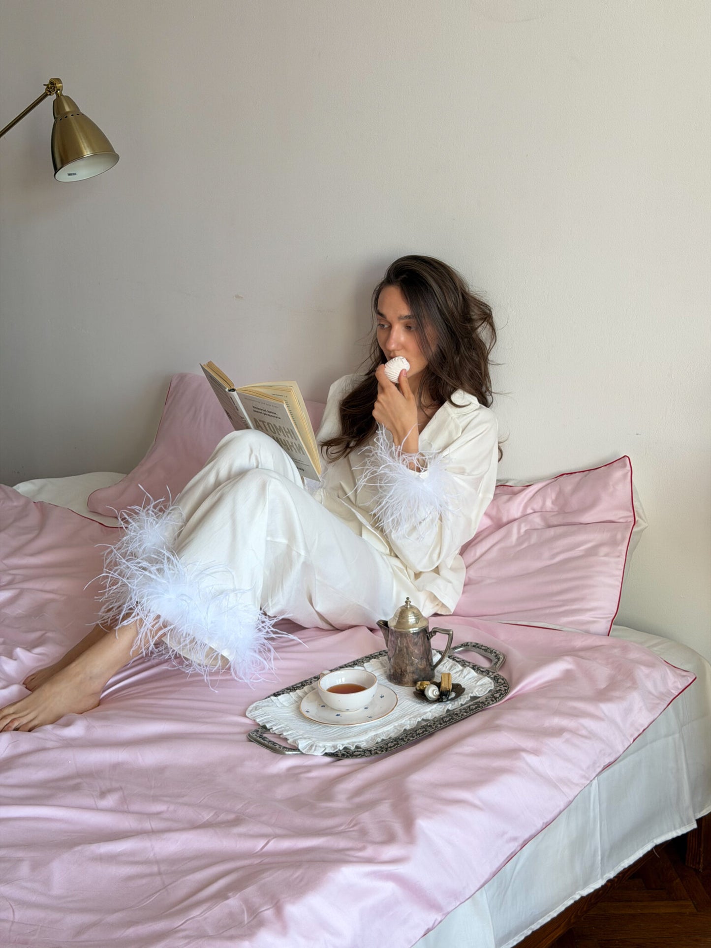 Camelia Cotton Satin Feather Lounge Set Milk
