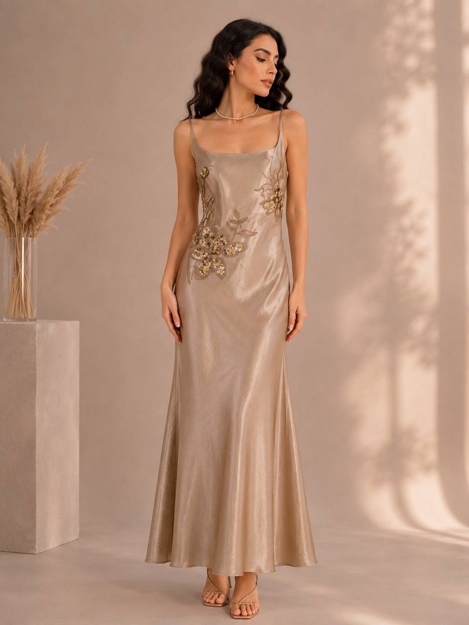 Elara Embellished Satin Maxi Dress