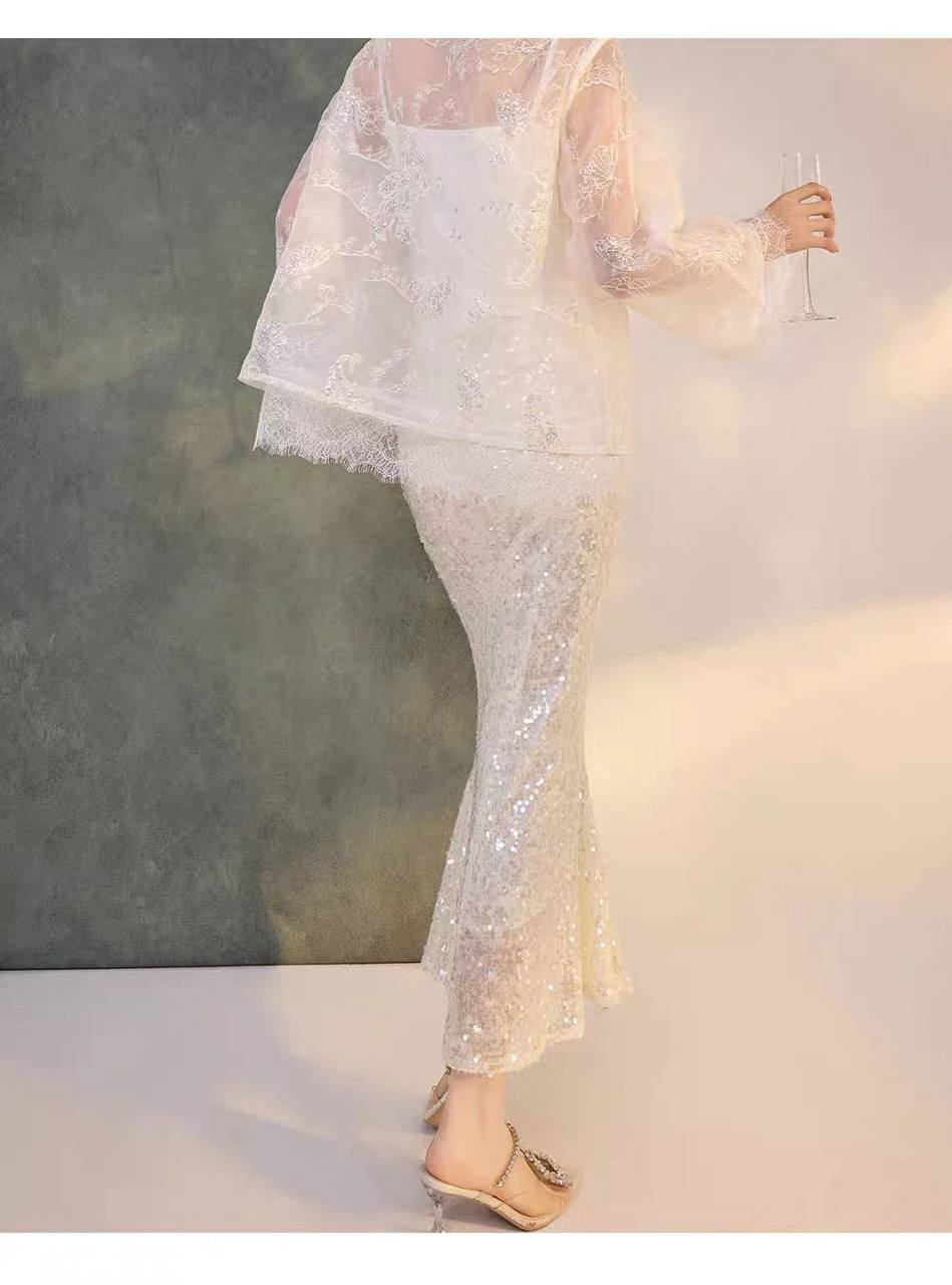 Camellia Sequin Maxi Skirt Milk