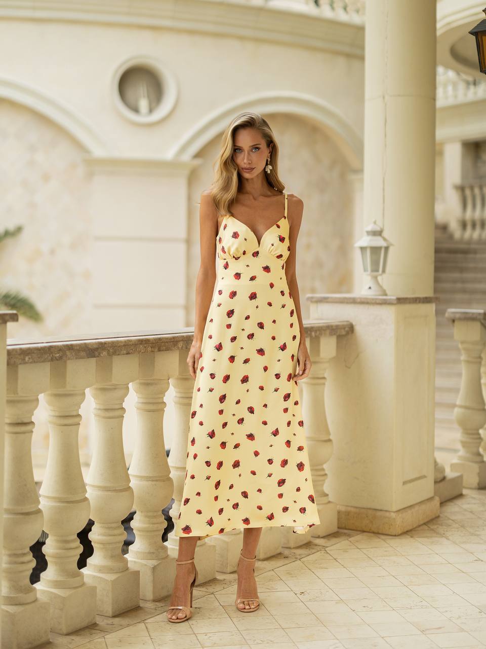 Rose Print Satin Midi Dress