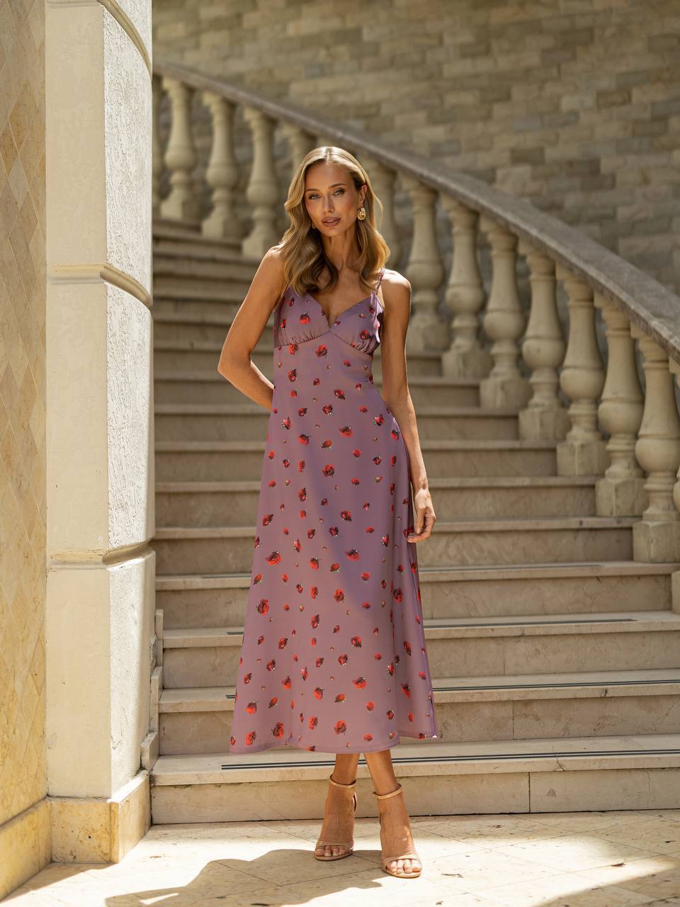 Rose Print Satin Midi Dress
