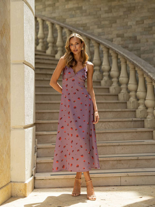 Rose Print Satin Midi Dress