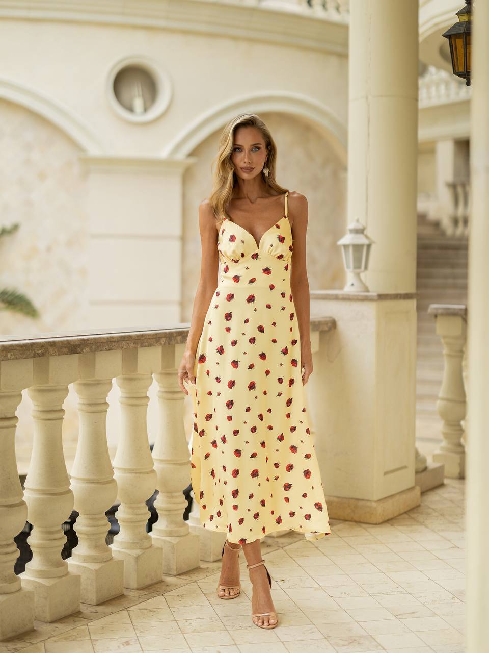 Rose Print Satin Midi Dress