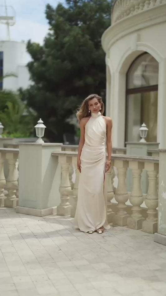 Aurélia Royal Satin Halter Maxi Dress
